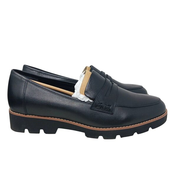 NEW Vionic Cheryl II Nappa Leather Black Loafers Size 12W Lug Sole Penny Loafers - Picture 1 of 11